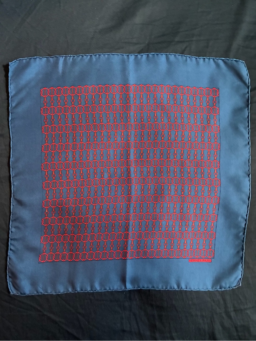 Hermes Navy and Red Silk Scarf with Chain Motif